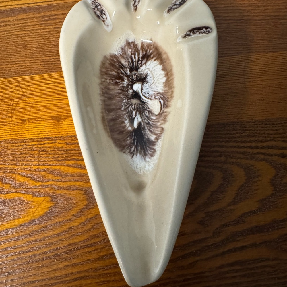 Vintage Cream and Brown Ceramic Ashtray made in USA approx. 9” x 4 1/2”